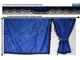 TRUCK CURTAINS FULL SET - BLUE WITH BLACK TASSELS  FIT  DAF SCANIA VOLVO MAN MERCEDES IVECO RENAULT