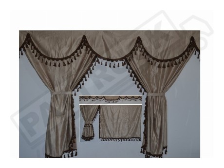 TRUCK CURTAINS FULL SET - BEIGE WITH BLUE TASSELS  FIT  DAF SCANIA VOLVO MAN MERCEDES IVECO RENAULT