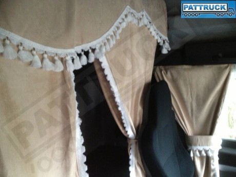TRUCK CURTAINS FULL SET - BEIGE WITH RED TASSELS  FIT  DAF SCANIA VOLVO MAN MERCEDES IVECO RENAULT
