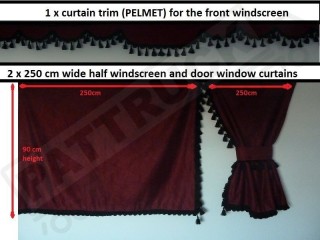 TRUCK CURTAINS FULL SET - BURGUNDY WITH WHITE TASSELS  FIT  DAF SCANIA VOLVO MAN MERCEDES IVECO RENAULT
