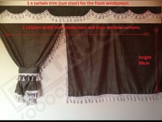 TRUCK CURTAINS FULL SET - GREY WITH WHITE TASSELS  FIT  DAF SCANIA VOLVO MAN MERCEDES IVECO RENAULT