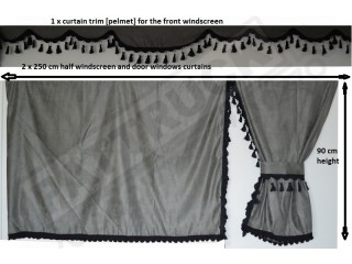 TRUCK CURTAINS FULL SET - GREY WITH WHITE TASSELS  FIT  DAF SCANIA VOLVO MAN MERCEDES IVECO RENAULT