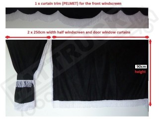 TRUCK CURTAINS FULL SET - BLACK WITH RED  STRINGS FIT  DAF SCANIA VOLVO MAN MERCEDES IVECO RENAULT