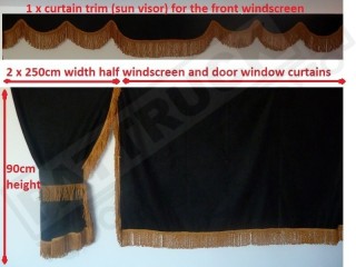 TRUCK CURTAINS FULL SET - BLACK WITH WHITE  STRINGS FIT  DAF SCANIA VOLVO MAN MERCEDES IVECO RENAULT