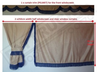 TRUCK CURTAINS FULL SET - BEIGE WITH BLACK STRINGS FIT  DAF SCANIA VOLVO MAN MERCEDES IVECO RENAULT