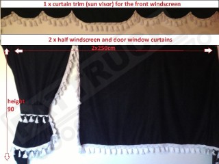 TRUCK CURTAINS FULL SET- BLACK WITH RED TASSELS FIT DAF SUPER SPACE CAB