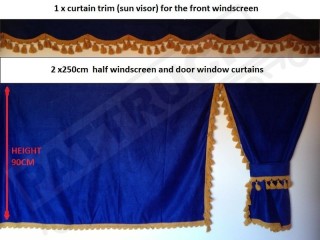 TRUCK CURTAINS FULL SET- BLUE WITH WHITE TASSELS FIT DAF SUPER SPACE CAB