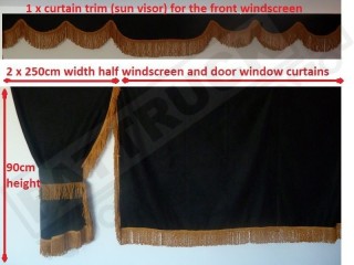 TRUCK CURTAINS FULL SET- BLACK WITH WHITE STRINGS FIT DAF SUPER SPACE CAB