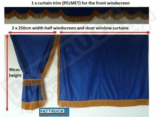 TRUCK CURTAINS FULL SET- BLUE WITH WHITE STRINGS FIT DAF SUPER SPACE CAB