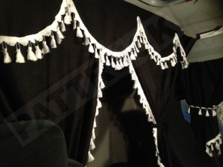 TRUCK CURTAINS  FULL SET- BLACK WITH RED TASSELS FIT SCANIA TOPLINE