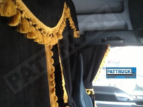 TRUCK CURTAINS  FULL SET- BLACK WITH WHITE TASSELS FIT SCANIA TOPLINE