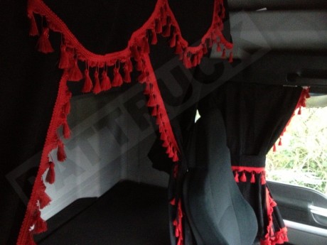 TRUCK CURTAINS  FULL SET- BLACK WITH BLUE TASSELS FIT SCANIA TOPLINE