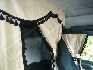 TRUCK CURTAINS  FULL SET- BEIGE WITH WHITE TASSELS FIT SCANIA TOPLINE