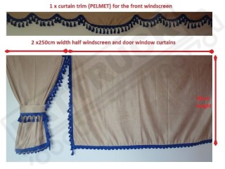TRUCK CURTAINS  FULL SET- BEIGE WITH BLACK TASSELS FIT SCANIA TOPLINE