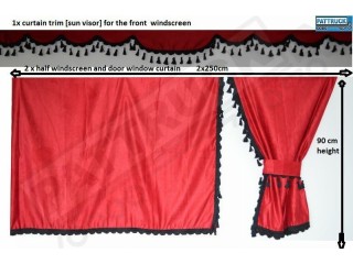 TRUCK CURTAINS  FULL SET- BURGUNDY WITH BLACK TASSELS FIT SCANIA TOPLINE