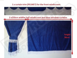 TRUCK CURTAINS  FULL SET- BLUE WITH WHITE STRINGS FIT SCANIA TOPLINE