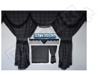 SCANIA TOPLINE TARTAN CURTAINS FULL SET  GREY & BLACK STRINGS