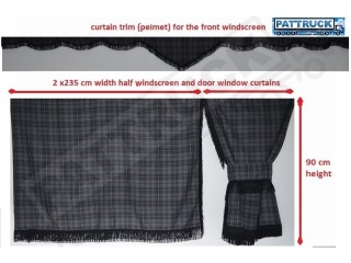 SCANIA TOPLINE TARTAN CURTAINS FULL SET  GREY & BLACK STRINGS