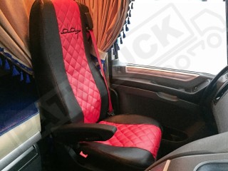 TRUCK ECO LEATHER SEAT COVERS FIT DAF XF 106 / CF EURO 6 PAIR OF BLACK AND RED
