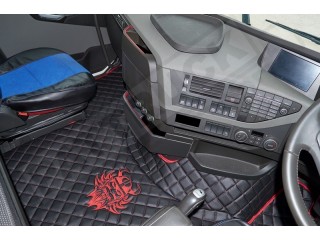 TRUCK ECO LEATHER FLOOR SET-BLACK WITH RED VIKING LOGO FIT VOLVO FH4  2013+[ AUTOMATIC ]-FOLDING PASSENGER SEAT