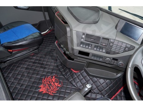 TRUCK ECO LEATHER FLOOR SET-BLACK WITH RED VIKING LOGO FIT VOLVO FH4  2013+[ AUTOMATIC ]-FOLDING PASSENGER SEAT