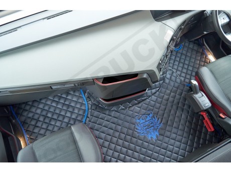 TRUCK ECO LEATHER FLOOR SET-BLACK WITH BLUE VIKING LOGO FIT VOLVO FH4  2013+[ AUTOMATIC ]-FOLDING PASSENGER SEAT
