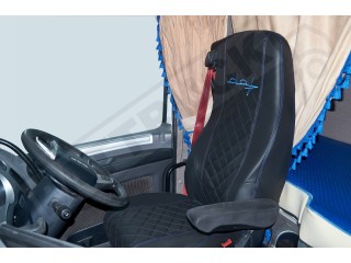 TRUCK ECO LEATHER SEAT COVERS FIT DAF XF 106 / CF EURO 6 PAIR OF BLACK WITH RED STITCHES