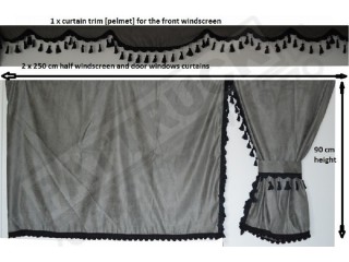 TRUCK CURTAINS  FULL SET- GREY WITH BLACK TASSELS FIT SCANIA TOPLINE