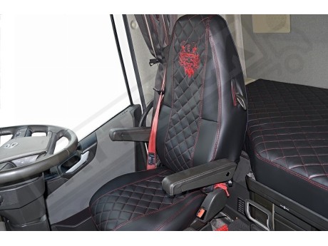 TRUCK  SEAT COVERS  COMPATIBLE WITH VOLVO FH4 2013+  ( ECO LEATHER) BLACK WITH RED  STITCHES