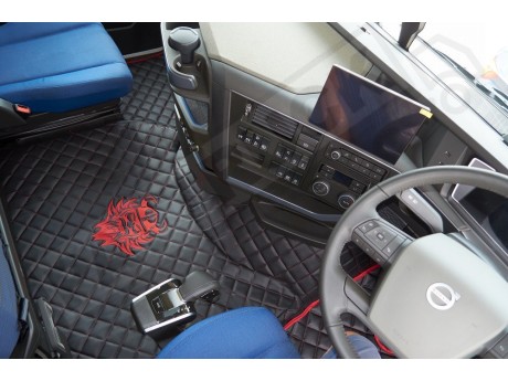 TRUCK ECO LEATHER FLOOR SET-BLACK WITH RED VIKING LOGO FIT VOLVO FH4  2013+[ AUTOMATIC ]- TWIN AIR SEATS