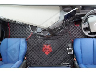 TRUCK ECO LEATHER FLOOR SET-BLACK WITH RED VIKING LOGO FIT VOLVO FH4  2013+[ AUTOMATIC ]- TWIN AIR SEATS