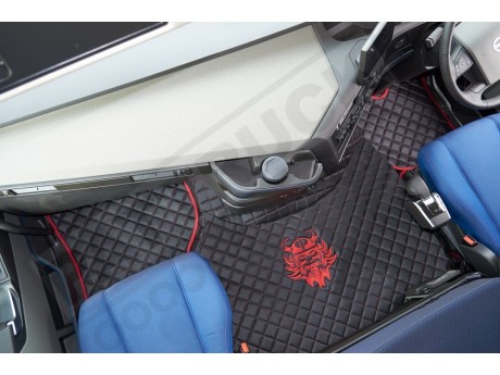 TRUCK ECO LEATHER FLOOR SET-BLACK WITH RED VIKING LOGO FIT VOLVO FH4  2013+[ AUTOMATIC ]-FOLDING PASSENGER SEAT