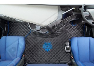 TRUCK ECO LEATHER FLOOR SET-BLACK WITH BLUE VIKING LOGO FIT VOLVO FH4  2013+[ AUTOMATIC ]- TWIN AIR SEATS