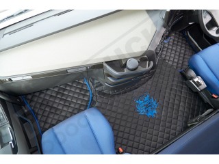 TRUCK ECO LEATHER FLOOR SET-BLACK WITH BLUE VIKING LOGO FIT VOLVO FH4  2013+[ AUTOMATIC ]-FOLDING PASSENGER SEAT