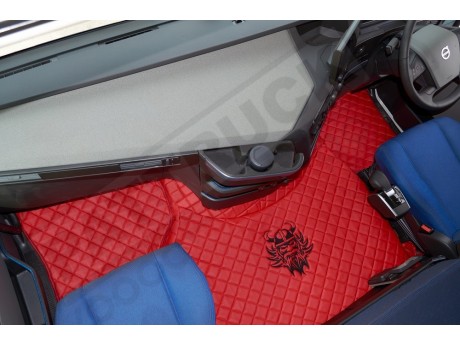 TRUCK ECO LEATHER FLOOR SET-RED WITH BLACK VIKING LOGO FIT  VOLVO FH4  2013+  [ FOLDING PASSENGER SEAT]