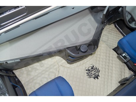 TRUCK ECO LEATHER FLOOR SET-BEIGE WITH BLACK VIKING LOGO FIT  VOLVO FH4  2013+  [ FOLDING PASSENGER SEAT]