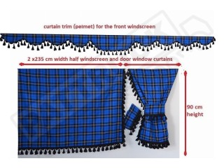 TARTAN TRUCK SIDE CURTAINS  ROYAL BLUE & WITH WHITE TASSELS -MERCEDES,MAN,DAF,VOLVO,SCANIA,IVECO,RENAULT