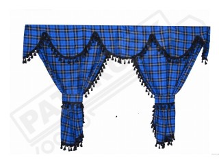 TARTAN TRUCK CURTAINS FULL SET ROYAL BLUE & BLACK STRINGS /  VOLVO DAF SCANIA MAN MERCEDES RENAULT IVECO