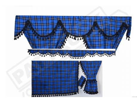 TARTAN TRUCK CURTAINS FULL SET ROYAL BLUE & BLACK STRINGS /  VOLVO DAF SCANIA MAN MERCEDES RENAULT IVECO