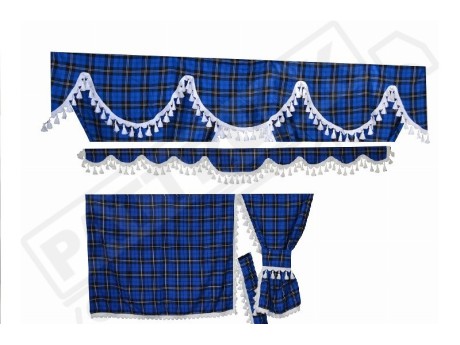 TARTAN TRUCK CURTAINS FULL SET ROYAL BLUE & WHITE TASSELS /  VOLVO DAF SCANIA MAN MERCEDES RENAULT IVECO
