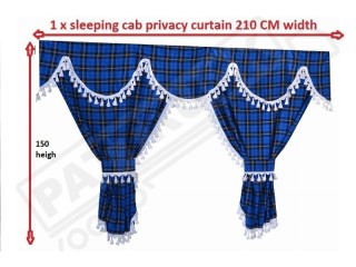 TARTAN TRUCK CURTAINS FULL SET ROYAL BLUE & WHITE TASSELS /  VOLVO DAF SCANIA MAN MERCEDES RENAULT IVECO
