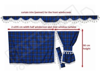 TARTAN TRUCK CURTAINS FULL SET ROYAL BLUE & WHITE TASSELS /  VOLVO DAF SCANIA MAN MERCEDES RENAULT IVECO