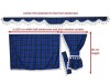 TARTAN TRUCK CURTAINS FULL SET ROYAL BLUE & WHITE TASSELS /  VOLVO DAF SCANIA MAN MERCEDES RENAULT IVECO