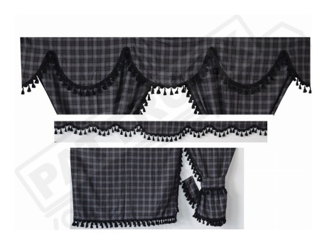 TARTAN TRUCK CURTAINS FULL SET ROYAL BLUE & BLACK STRINGS /  VOLVO DAF SCANIA MAN MERCEDES RENAULT IVECO