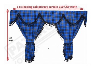 TARTAN TRUCK CURTAINS FULL SET ROYAL BLUE & BLACK STRINGS /  VOLVO DAF SCANIA MAN MERCEDES RENAULT IVECO