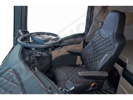 TRUCK ECO LEATHER SEAT COVERS FIT MAN TGX PAIR OF BLACK WITH RED STITCHES 2021+
