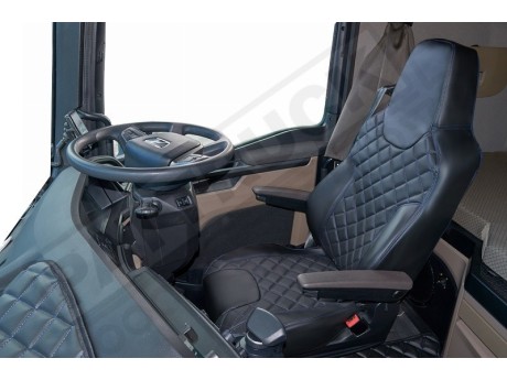 TRUCK ECO LEATHER SEAT COVERS FIT MAN TGX PAIR OF BLACK WITH BLUE STITCHES 2021+