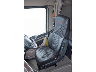 TRUCK ECO LEATHER SEAT COVERS FIT DAF XF GX XG+  PAIR OF BLACK WITH RED STITCHES