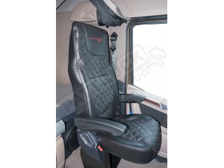 TRUCK ECO LEATHER SEAT COVERS FIT DAF XF GX XG+  PAIR OF BLACK WITH RED STITCHES