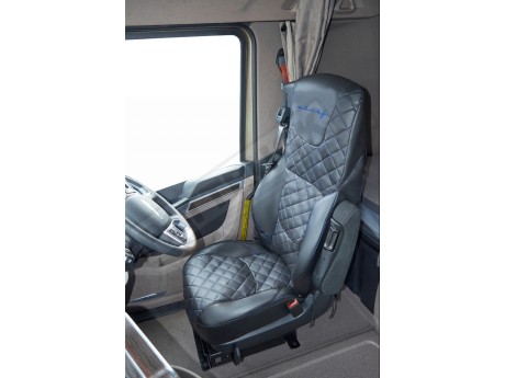 TRUCK ECO LEATHER SEAT COVERS FIT DAF XG XG+ PAIR OF BLACK WITH BLUE STITCHES